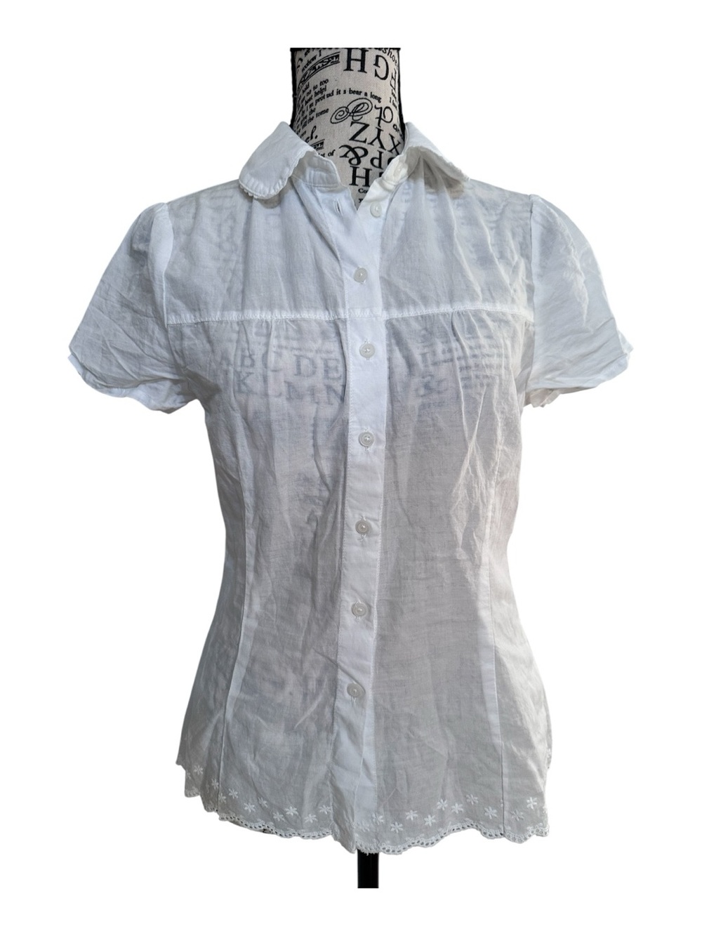 Brandy Melville White Short Sleeve Blouse with Embroidered Hem